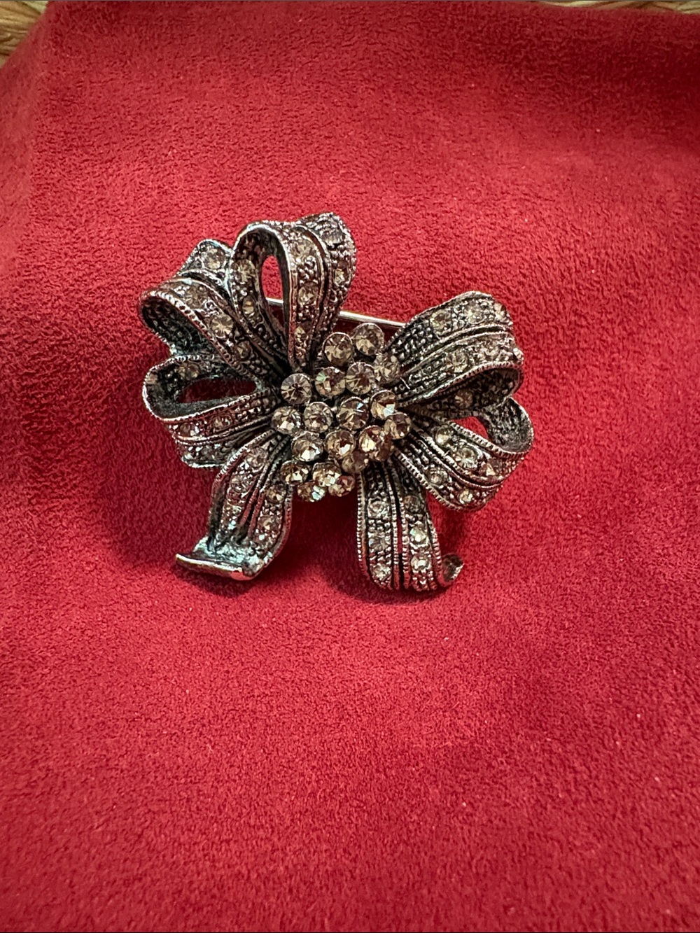 Crystal-Embellished Bow Brooch - Silver Tone